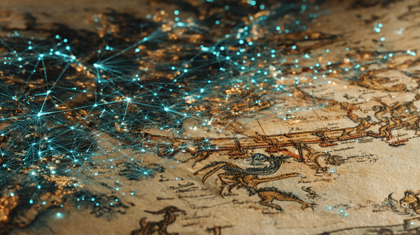 Ancient map with digital network overlay — here be dragons